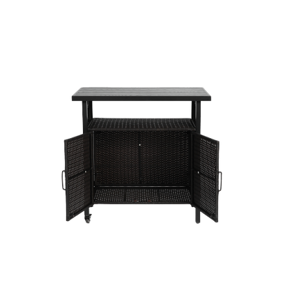 Outdoor Wicker Bar Cart, Patio Wine Serving Cart w/Wheels , Rolling Rattan Beverage Bar Counter Table w/Glass Top for Porch Backyard Garden Poolside Party, Black