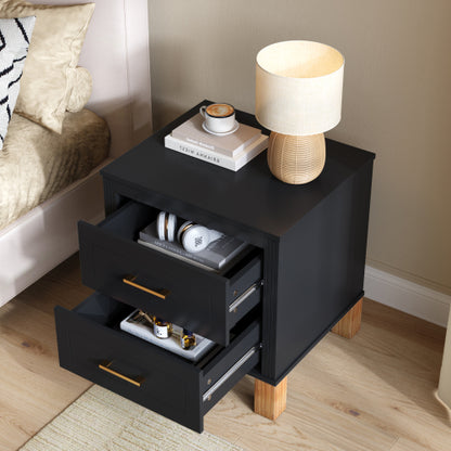 Black Fluted Nightstand, 2-Drawer Bedside Table with Metal Handles & Solid Wood Legs