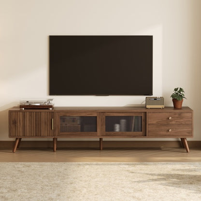 76 Inch Modern TV Stand with Glass Doors Wood Grain Media Console