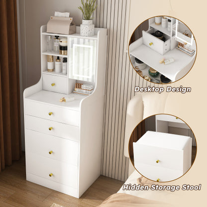 White 3-in-1 Dressing Table with LED Mirror & Storage Stool, 4 Drawers, Storage Cabinet, Open Bookshelf