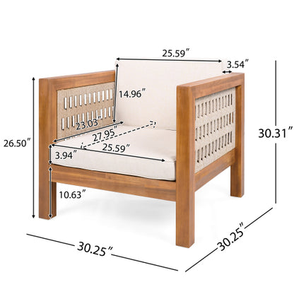 Acacia Wood Outdoor Club Chair with Beige Rope Arm and Beige Cushions,400 lbs Capacity