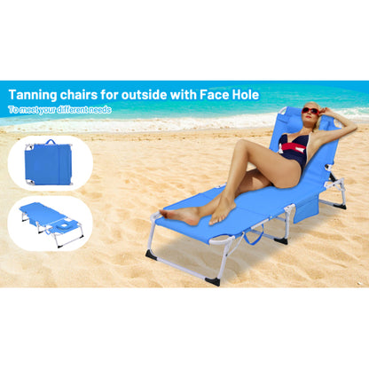 3-in-1 Heavy Duty Tanning Chair with Face Hole Adjustable 5-Position Folding Chaise Lounge Chairs for Outside Portable Lay Flat Beach Lounge Chair for Outdoor