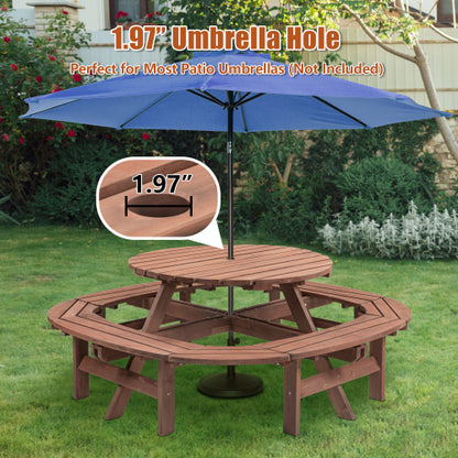 10-12-person Round Outdoor Wooden Picnic Table for Patio, Backyard, Garden, DIY with 1 Built-in Ring Stool, 500-lb Weight Capacity - Walnut Brown