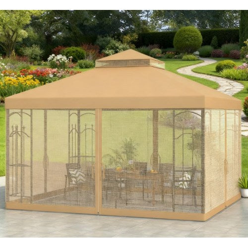 Outdoor Double Roof Outdoor Gazebo Canopy Shelter with Netting,Patio Gazebo with Corner Frame Shelves
