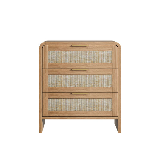 Rattan Nightstand with 3 Drawers, 22.8inch  Wide Curved Wooden Bedside Table, Modern Storage for Bedroom, Caramel Oak.