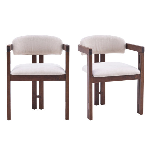 Solid Wood Round Back Dining Chair, Walnut Frame, Beige Upholstery, Set of 2