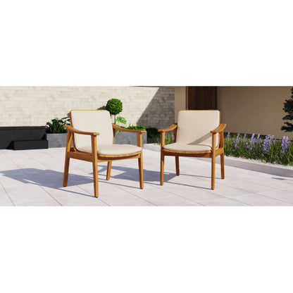 Outdoor Dining Chairs Set of 2, Teak Color Acacia Wood Frame, Brown PE Wicker, Beige Waterproof Cushion, Ideal for Patios, Gardens