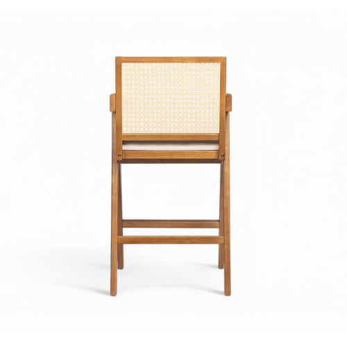 27inch Height, Cream Woven Cane Plastic Backrest Bar Stool - Foam-Padded Fabric Seat & Durable Rubberwood Frame