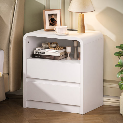 White Smooth 2-Drawer Nightstand with Charging Station, Mid-Century USB Bedside Table