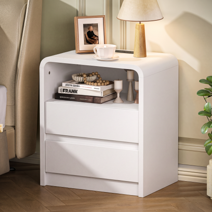 White Smooth 2-Drawer Nightstand with Charging Station, Mid-Century USB Bedside Table