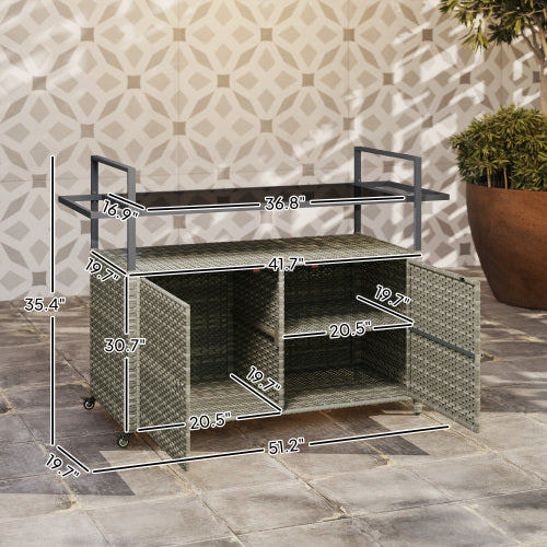 Wicker Outdoor Bar Table with 2-Tier Shelf & Cabinet, Mixed Gray