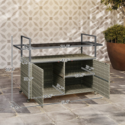 Wicker Outdoor Bar Table with 2-Tier Shelf & Cabinet, Mixed Gray