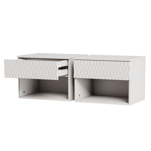 set of 2 nightstand with Modern Wall-Mounted Drawer Cabinet: Open Shelf, 3-Stage Rails, Carved Design, Anti-Wobble, DIY, for Bedroom/Living Room/Office