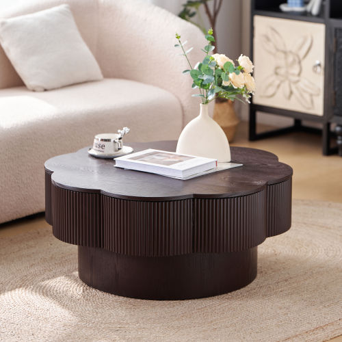 31.5inch  Flower Shaped Coffee Table with Storage Wood Veneer Dark Brown