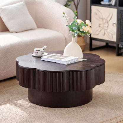 31.5inch  Flower Shaped Coffee Table with Storage Wood Veneer Dark Brown