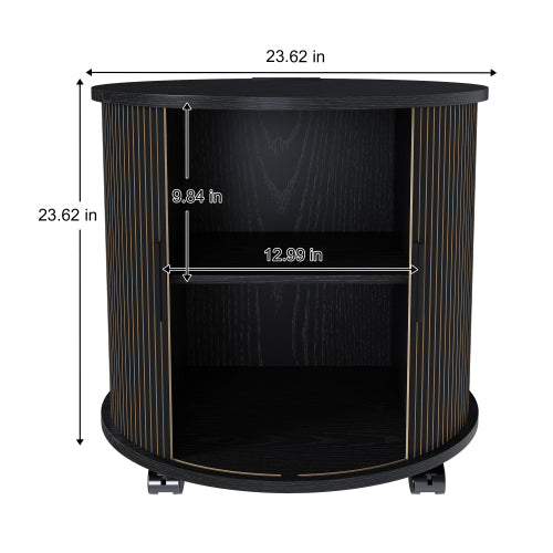 Black Cylinder Nightstand, Mid-Century Round End Table with Charging Station & 2-Tier Storage