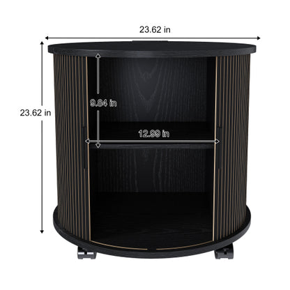 Black Cylinder Nightstand, Mid-Century Round End Table with Charging Station & 2-Tier Storage