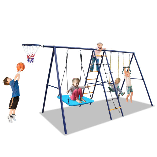 6 in 1 Swing Set With Climbing Ladder, Climbing Net, Trapeze bar, Hammock Swing, Belt Swing, Basketball hoop for Backyard
