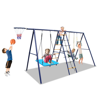6 in 1 Swing Set With Climbing Ladder, Climbing Net, Trapeze bar, Hammock Swing, Belt Swing, Basketball hoop for Backyard