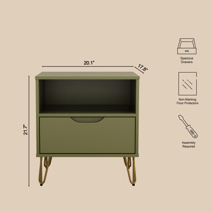 Olive Green Nightstand with Drawer & Metal Legs