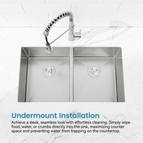 33"x19" Embedded Double Bowl Kitchen Sink, Undermount Handmade Sink in Brushed (Sink only)