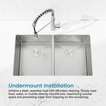 33"x19" Embedded Double Bowl Kitchen Sink, Undermount Handmade Sink in Brushed (Sink only)