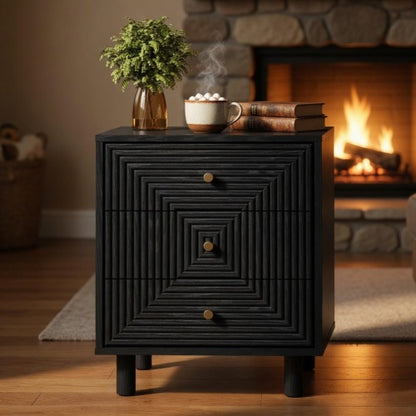 18.7inch Black Modern Nightstand, 3 Geometric Drawers with Gold Knobs & Solid Wood Legs