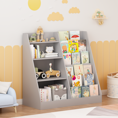 Gray 4-Tier Kids MDF Bookshelf, Multi-use Toy & Book Storage Unit for Nursery Playroom Bedroom