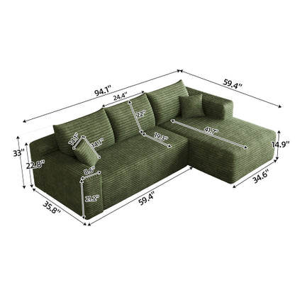 95 inch  Green Plush Corduroy U-Shaped Cloud Modular Sofa, No Assembly