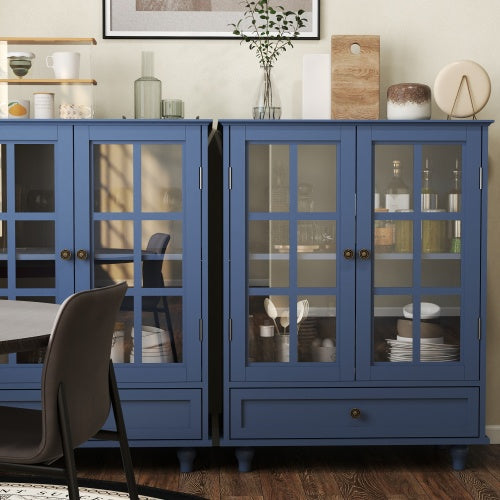 Vintage Blue Buffet Cabinet with Glass Doors Drawer and Adjustable Shelves