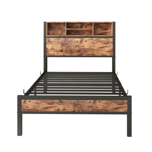 Twin Size Bed Frame with Storage Headboard, Metal Platform Bed with Charging Station,  Bookcase Storage, Easy Assembly
