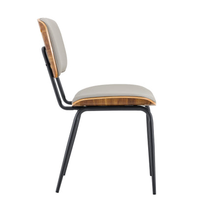 Mid-Century Faux Leather Dining Chairs Set of 2, Walnut Veneer Backrest & Metal Legs, Light Gray