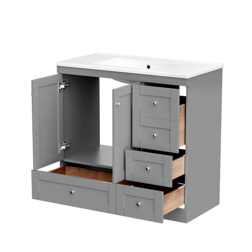 36 inch Shaker Style Free-Standing Bathroom Vanity Cabinet with Ceramic Sink, 4 Soft-close Drawers and 2 Soft-close doors