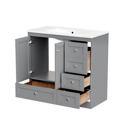 36 inch Shaker Style Free-Standing Bathroom Vanity Cabinet with Ceramic Sink, 4 Soft-close Drawers and 2 Soft-close doors