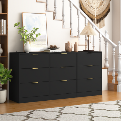 Black 9 Drawer Dresser, 63" Large Deep Chest of Drawers, Wooden Dresser Storage Cabinet with 9 Drawers for Bedroom, Long Dressers for Living Room, Hallway