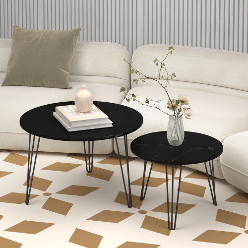2-Piece Round Nesting Coffee Table, Faux Marble Top & Black Metal Base