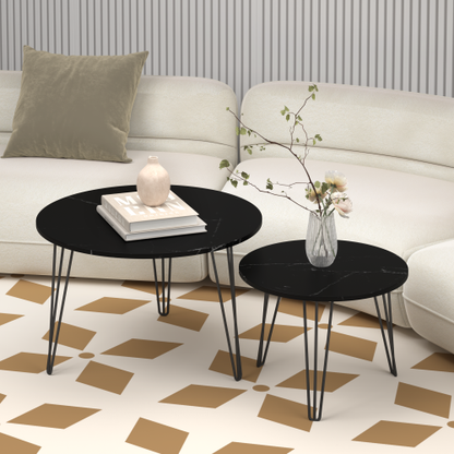 2-Piece Round Nesting Coffee Table, Faux Marble Top & Black Metal Base