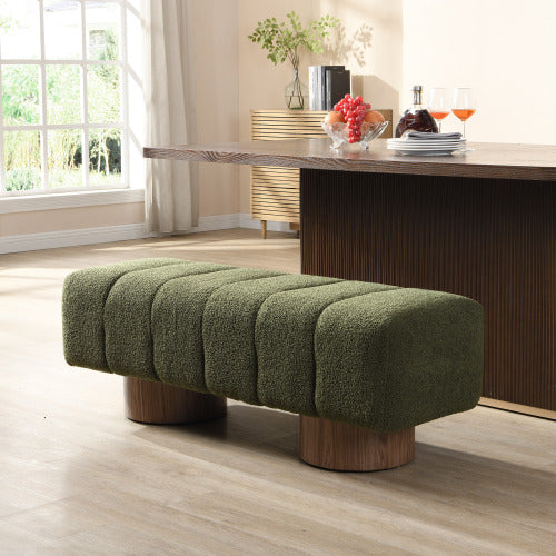 Upholstered Dining Bench for Dining Room, No-Assembly End of Bed Entryway Bench Ottoman for Bedroom Living Room, Green Boucle Fabric, Leg 300 LBS Weight Capacity