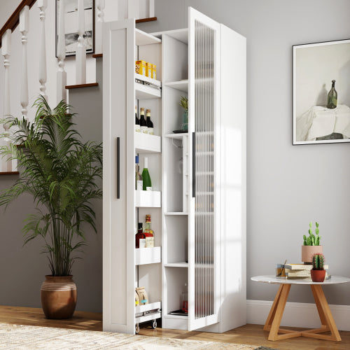 Kitchen Pantry Cabinet with Multi-Functional Pull-Out Multi-Tier Storage Shelf and Glass Doors