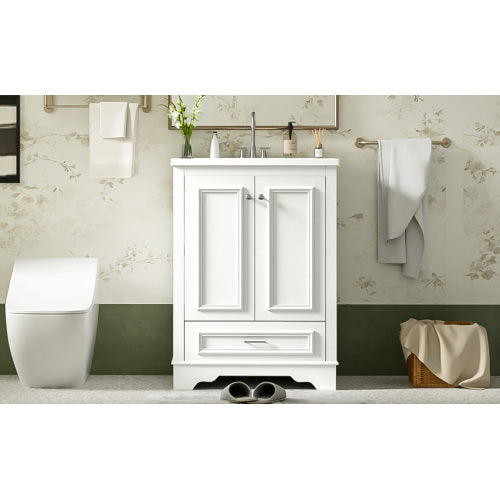 24'' Bathroom Vanity with Ceramic Sink Combo, Modern Freestanding Storage Cabinet with Silver Handles, Soft Closing Doors