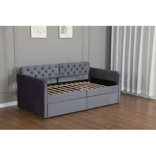 Twin Size Upholstered Daybed with 2 Storage Drawers and USB Charging Design, Velvet Upholstered Daybed Frame, Twin Sofa Bed for Living Room Bedroom, No Box Spring Needed,Plush Velvet Fabric