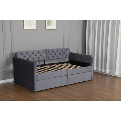 Twin Size Upholstered Daybed with 2 Storage Drawers and USB Charging Design, Velvet Upholstered Daybed Frame, Twin Sofa Bed for Living Room Bedroom, No Box Spring Needed,Plush Velvet Fabric