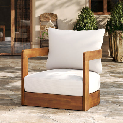 Premium Acacia Wood Outdoor Club Chair, Curved Tub Design, Water-Resistant Cushions, All-Weather Slat Construction