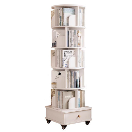 White 6-Tier 360¡ã Rotating Bookshelf with Single Drawer, Tall Narrow Wooden Corner Home Display Rack