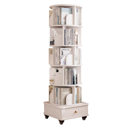 White 6-Tier 360¡ã Rotating Bookshelf with Single Drawer, Tall Narrow Wooden Corner Home Display Rack