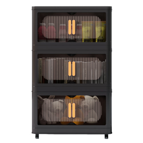 Black 3 Tier Folding Storage Cabinet with Wheels Collapsible Magnetic Door 20 Inch