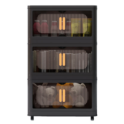 Black 3 Tier Folding Storage Cabinet with Wheels Collapsible Magnetic Door 20 Inch