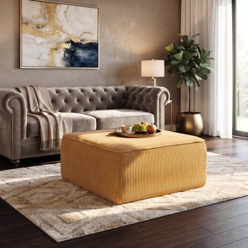 Yellow Corduroy Square Modular Ottoman, Plywood Frame Pocket Coil Footrest for Living Room Sofa Sets