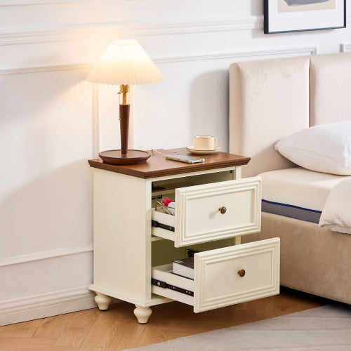 Mid Century Modern Nightstand with Charging Station and 2 Drawers