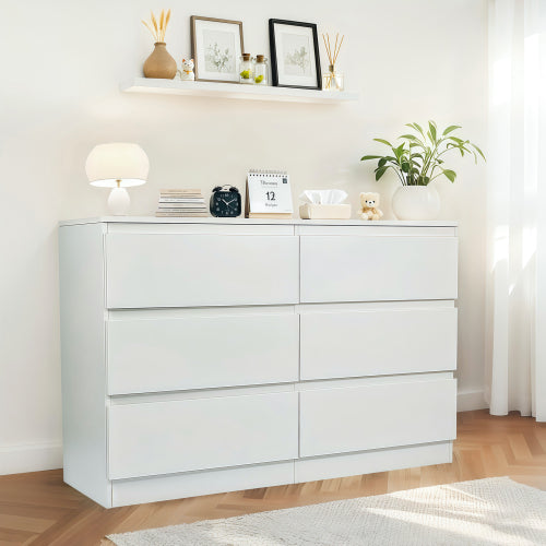 6 Drawer White Dresser, Modern Dresser for Bedroom with Spacious Countertop, Wood Storage Cabinet with Concealed Handles & 6 Deep Drawers for Bedroom, Living Room, Entryway, 15.7" D x 47.2" W x 30.9"